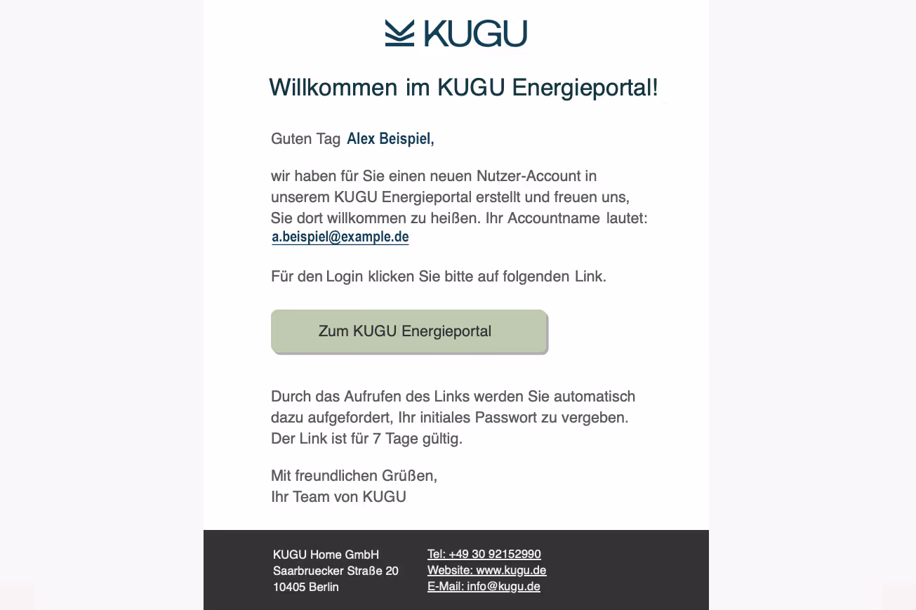 Screenshot der E-Mail Einladung für das KUGU Nutzerportal mit Login Button und Account