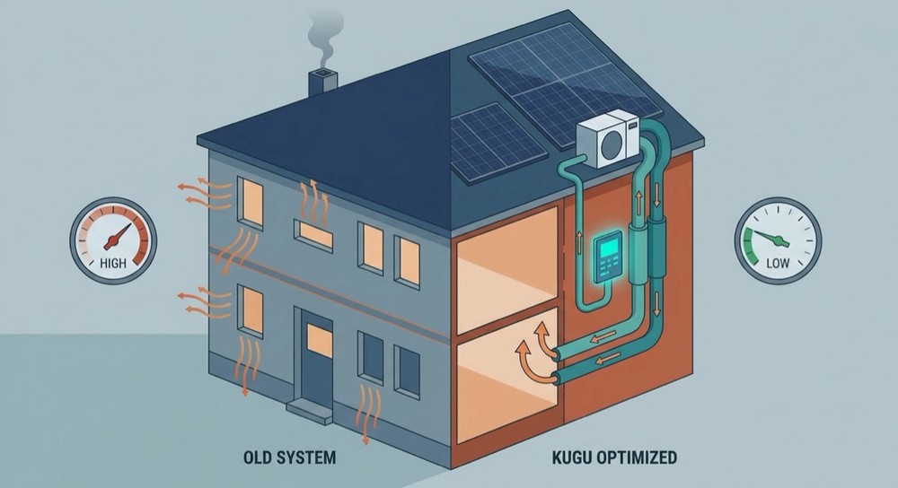 Vergleich eines konventionellen Heizsystems mit einer KUGU-optimierten Heizungsanlage zur Steigerung der Energieeffizienz.