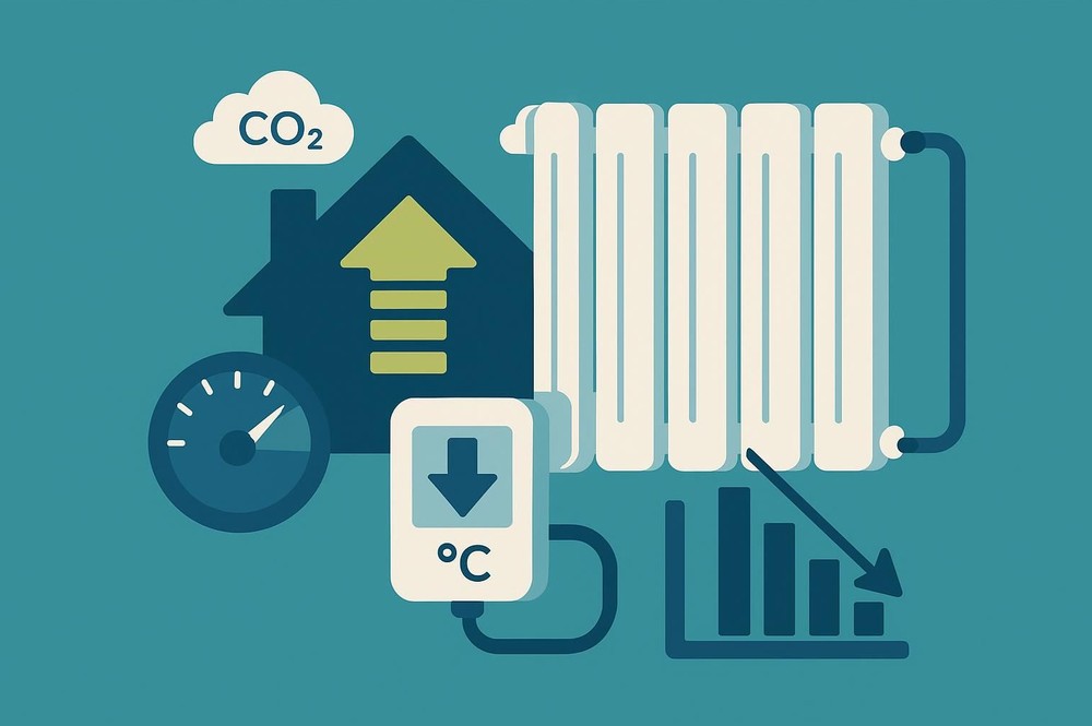 Eine optimierte Heizungssteuerung senkt Vorlauftemperaturen und Energieverbrauch und trägt so zur Reduzierung von CO₂-Emissionen im Gebäudebetrieb bei.
