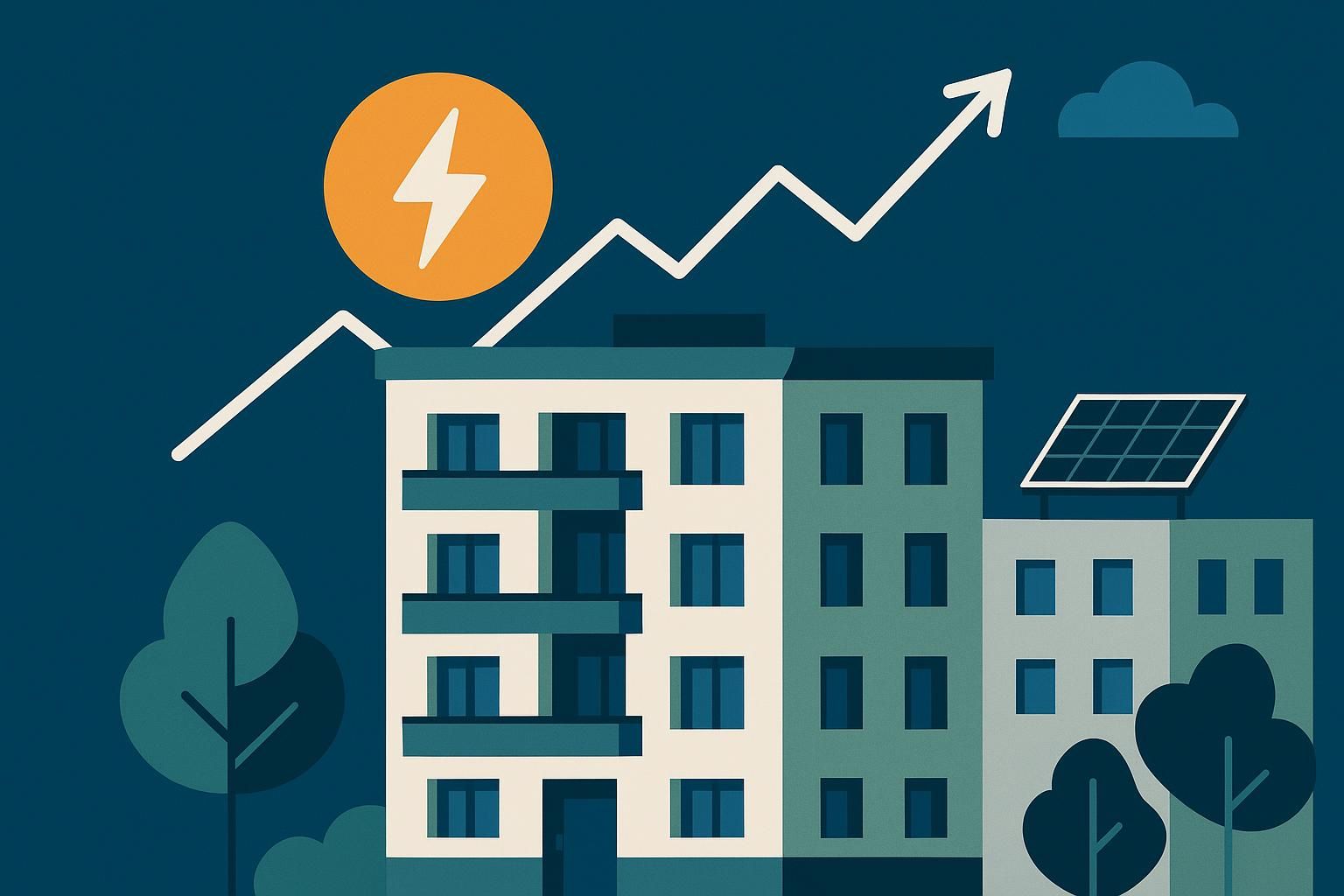 Steigende Strompreise im Wohnungsbau: Photovoltaikanlagen auf dem Dach helfen, die Abhängigkeit vom Netzstrom zu verringern und Mieterstrommodelle wirtschaftlich umzusetzen.