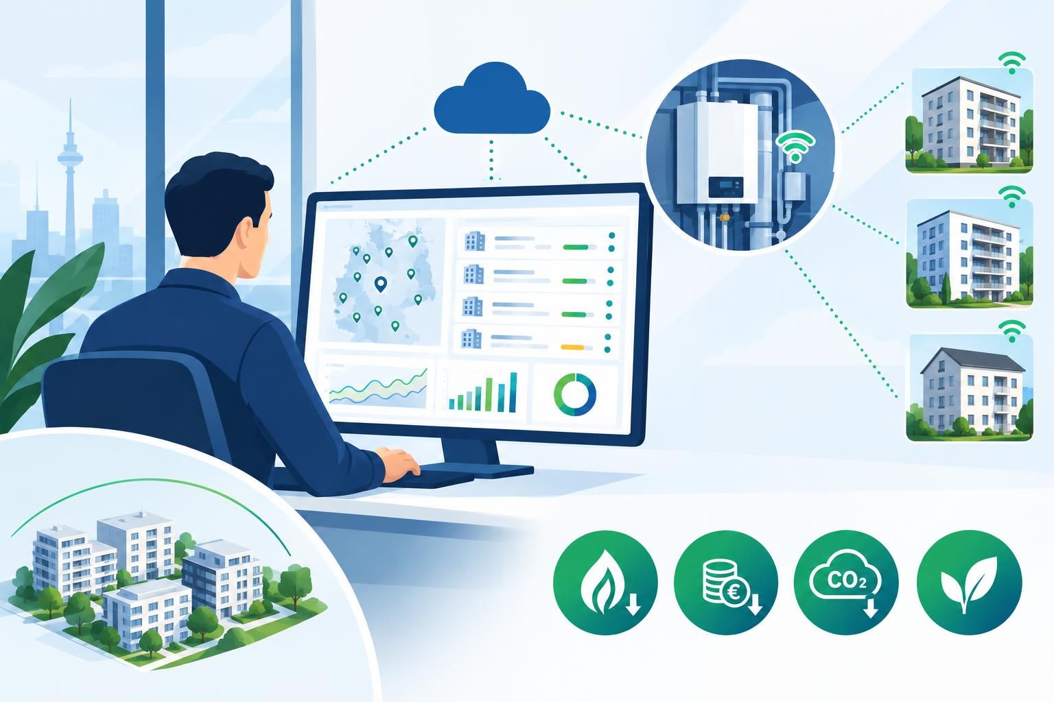 Portfolioweites Heizungsmonitoring: Über eine Cloud-Plattform lassen sich vernetzte Anlagen in mehreren Liegenschaften zentral überwachen, um Verbrauch, Kosten und CO₂-Emissionen zu senken.