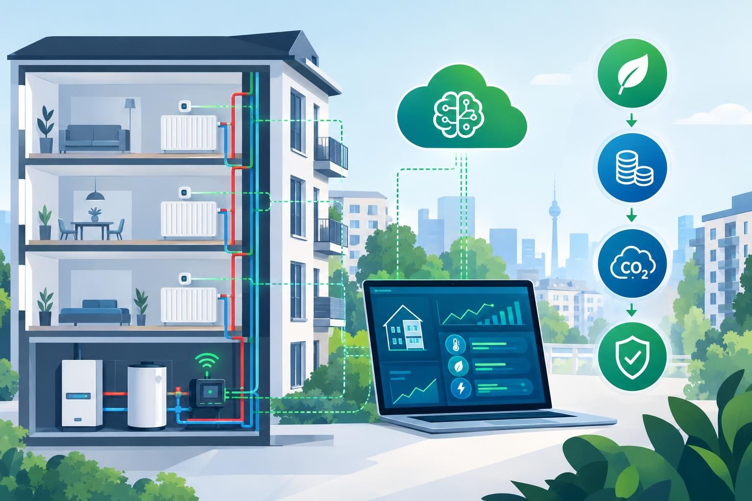 KI-gestützte Heizungsregelung: Sensoren in Wohnungen und Heizungskeller liefern Daten an eine Cloud-Plattform, die den Betrieb automatisch optimiert und so Kosten sowie CO₂-Emissionen senkt.