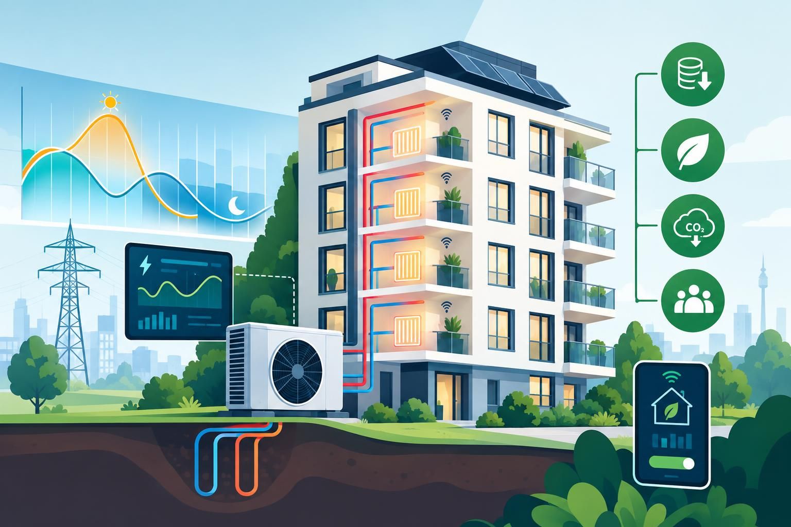 Netzdienliche Wärmepumpe: Die smarte Steuerung nutzt Solarstrom und günstige Tarifzeiten, um das Mehrfamilienhaus kosteneffizient und CO₂-arm zu beheizen.