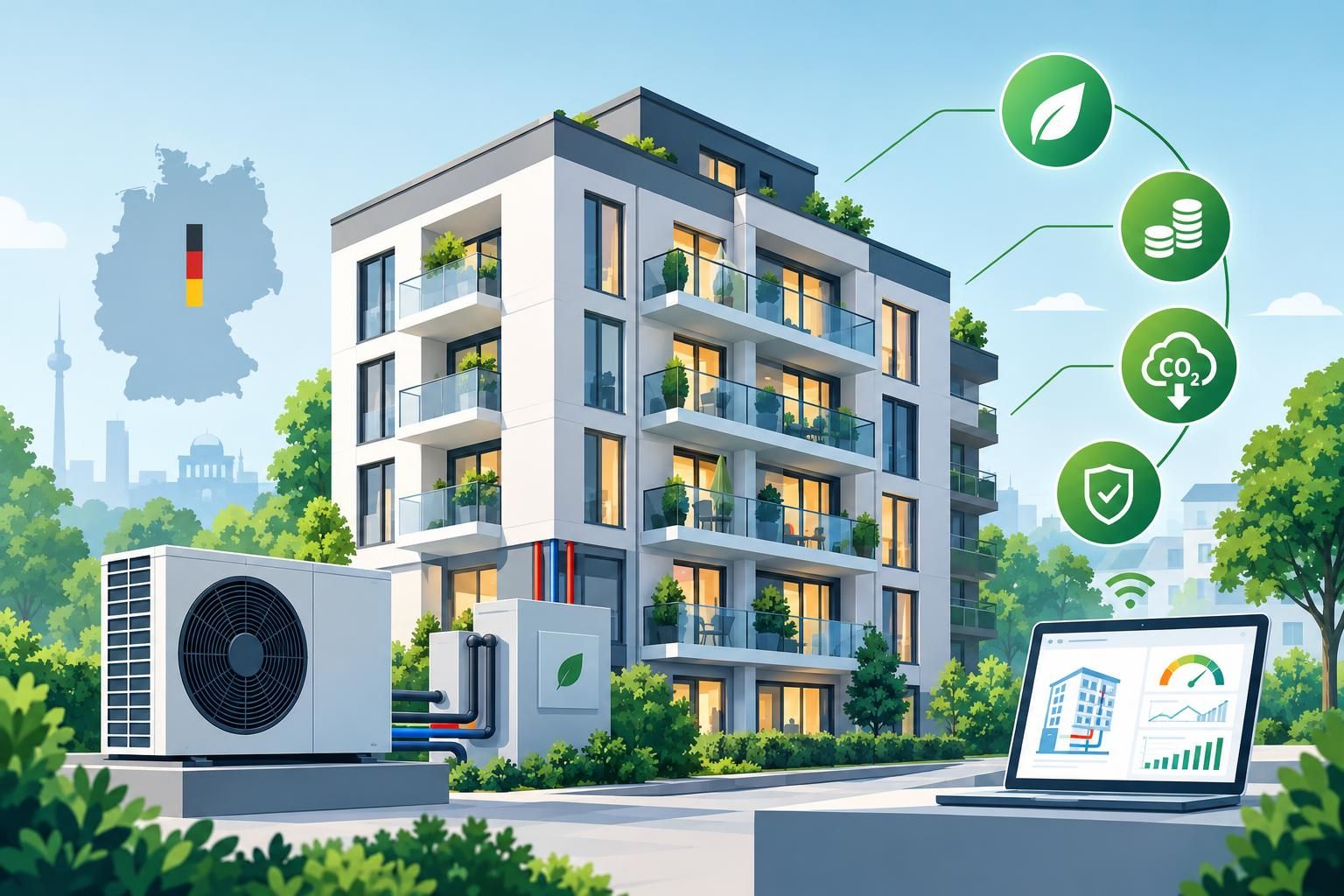 Wärmepumpe im Mehrfamilienhaus: Mit digitalem Monitoring wird die Heizung in Deutschland effizient, kostengünstig und CO₂-arm betrieben.