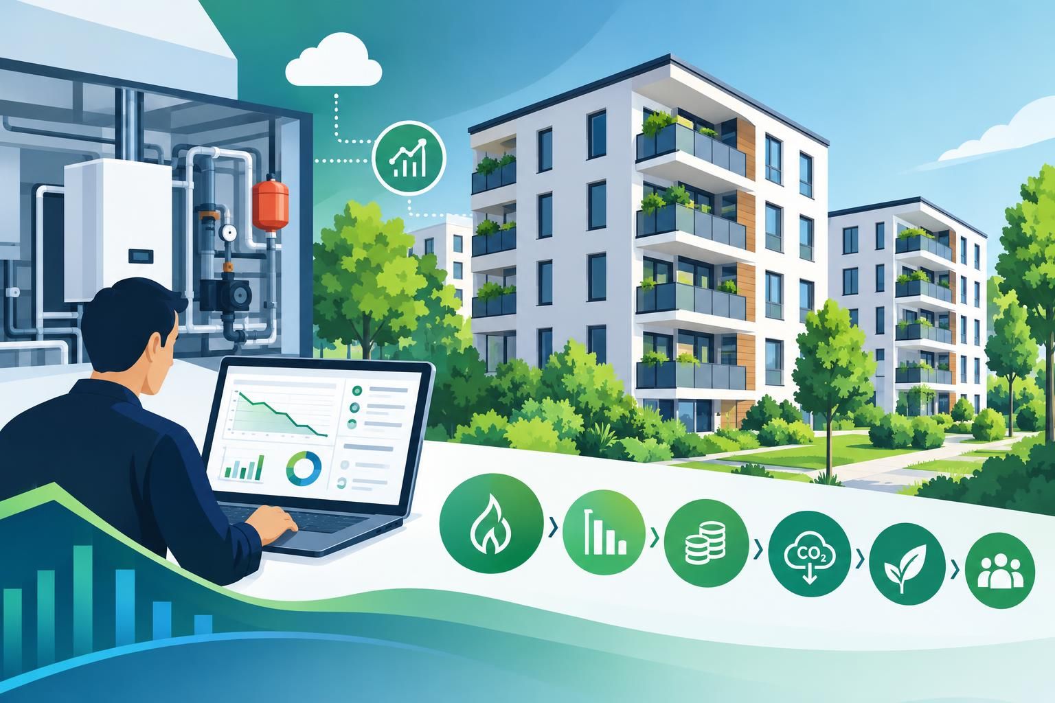 Effizienzkette im Quartier: Weniger Verbrauch senkt Kosten und CO₂, wovon Mietende direkt profitieren.