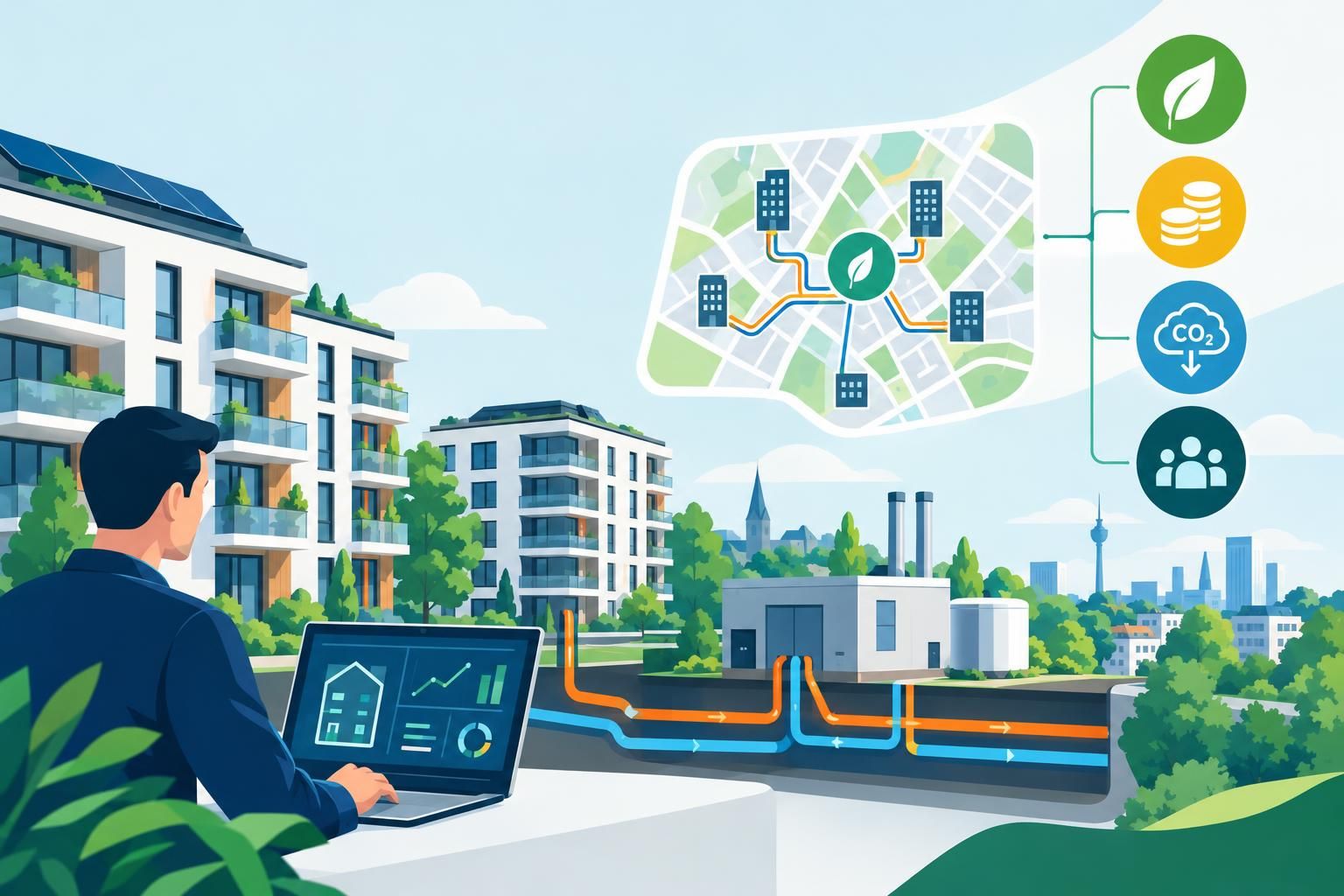 Nahwärmenetz im Quartier: Zentrale Erzeugung, digital gesteuert und CO₂-arm.