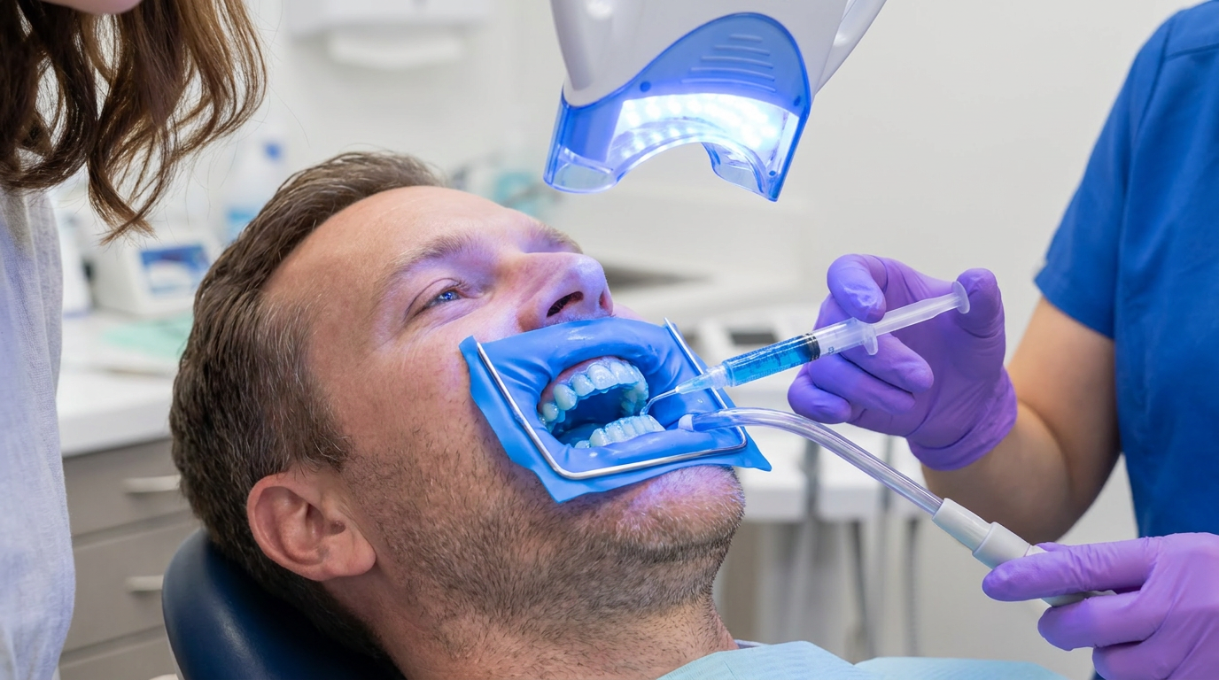 A close-up of a patient's mouth (Steven, a man in his early 40s) in a dental chair, with a dental dam protecting the gums,…