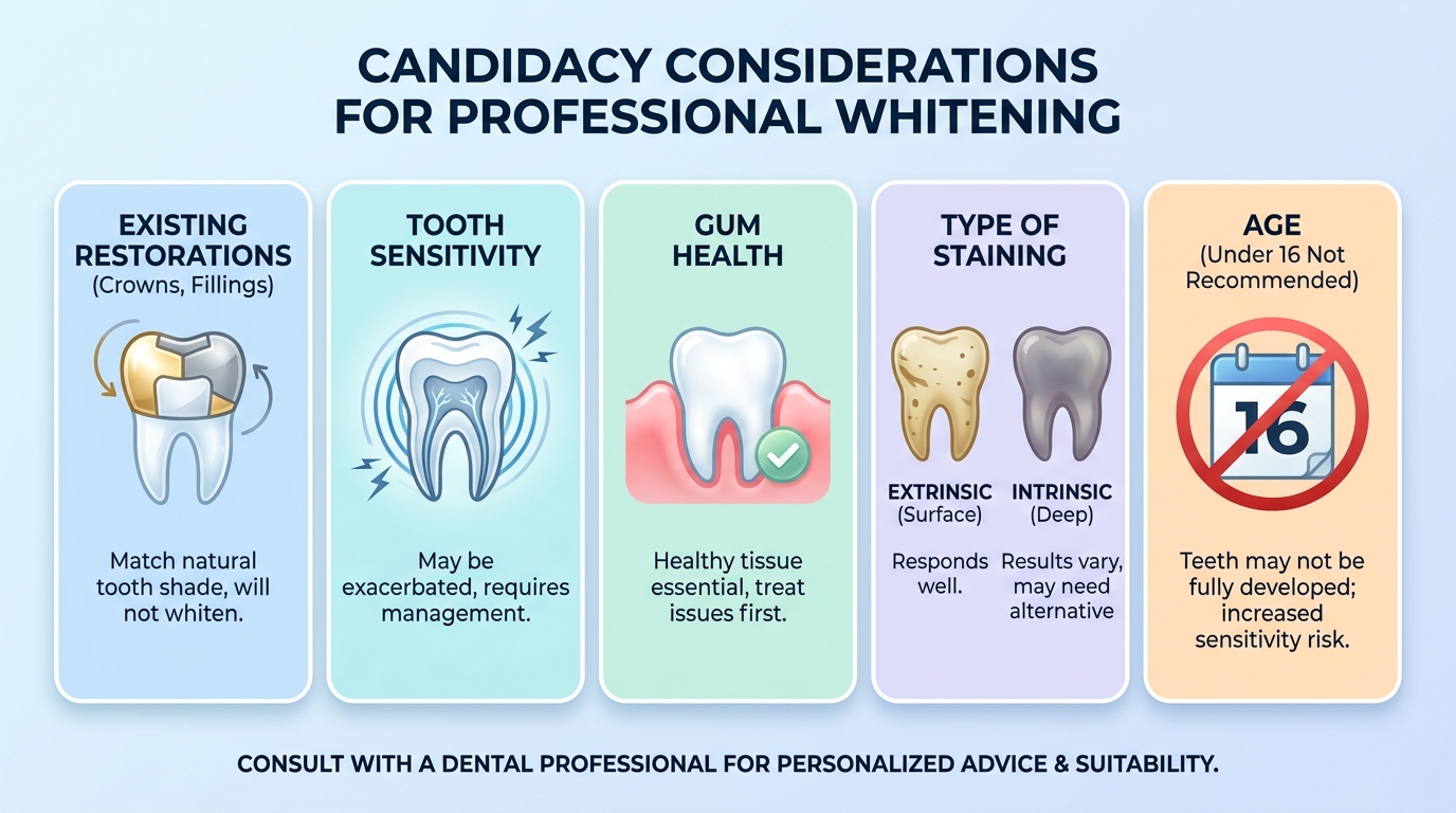 An infographic detailing "Candidacy Considerations for Professional Whitening." Sections for "Existing Restorations (Crown…