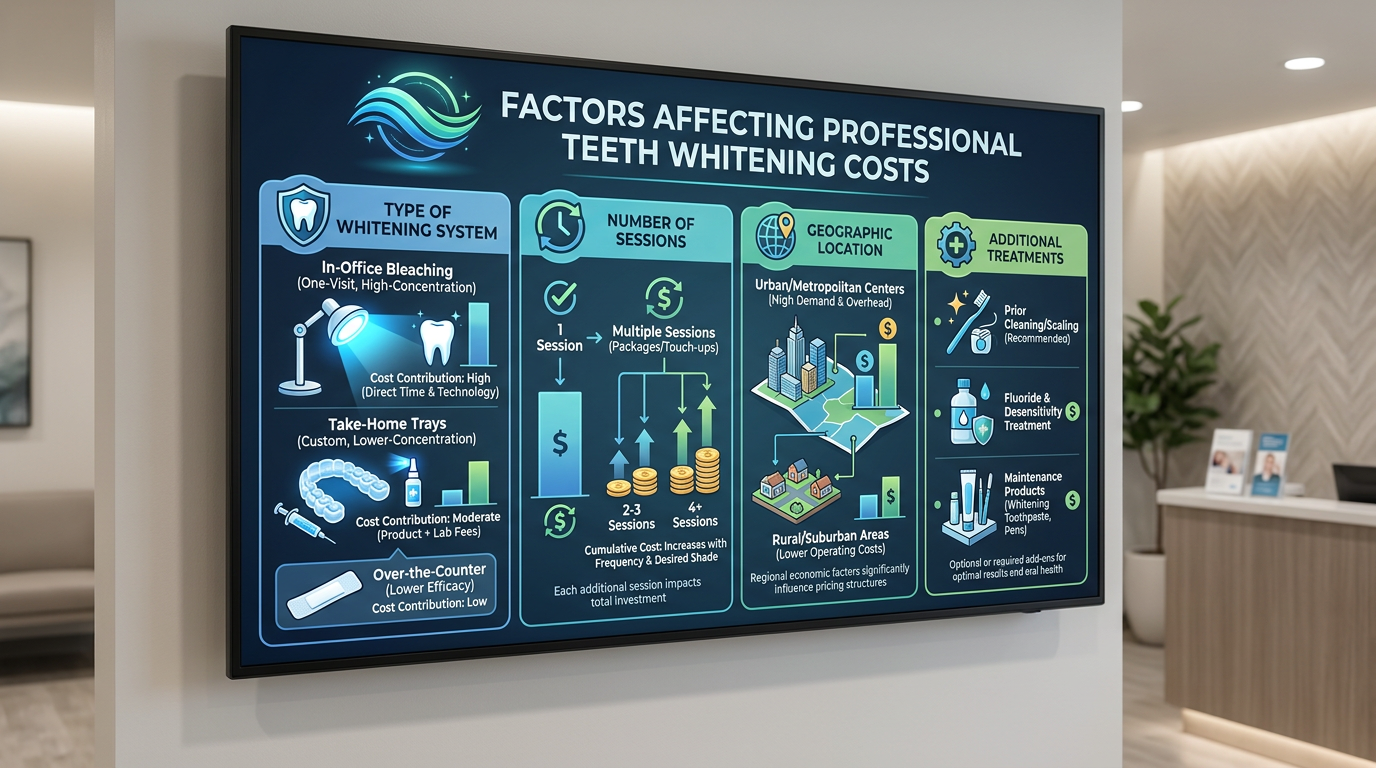 A detailed cost breakdown chart illustrating factors affecting professional teeth whitening costs: "Type of Whitening Syst…