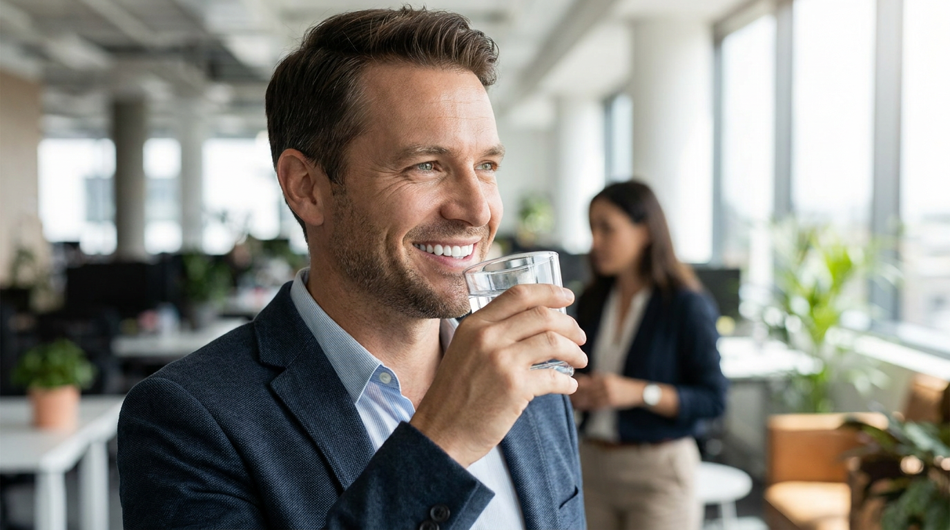 Steven, smiles confidently in a brightly lit, modern office setting, subtly showcasing his noticeably whiter teeth.