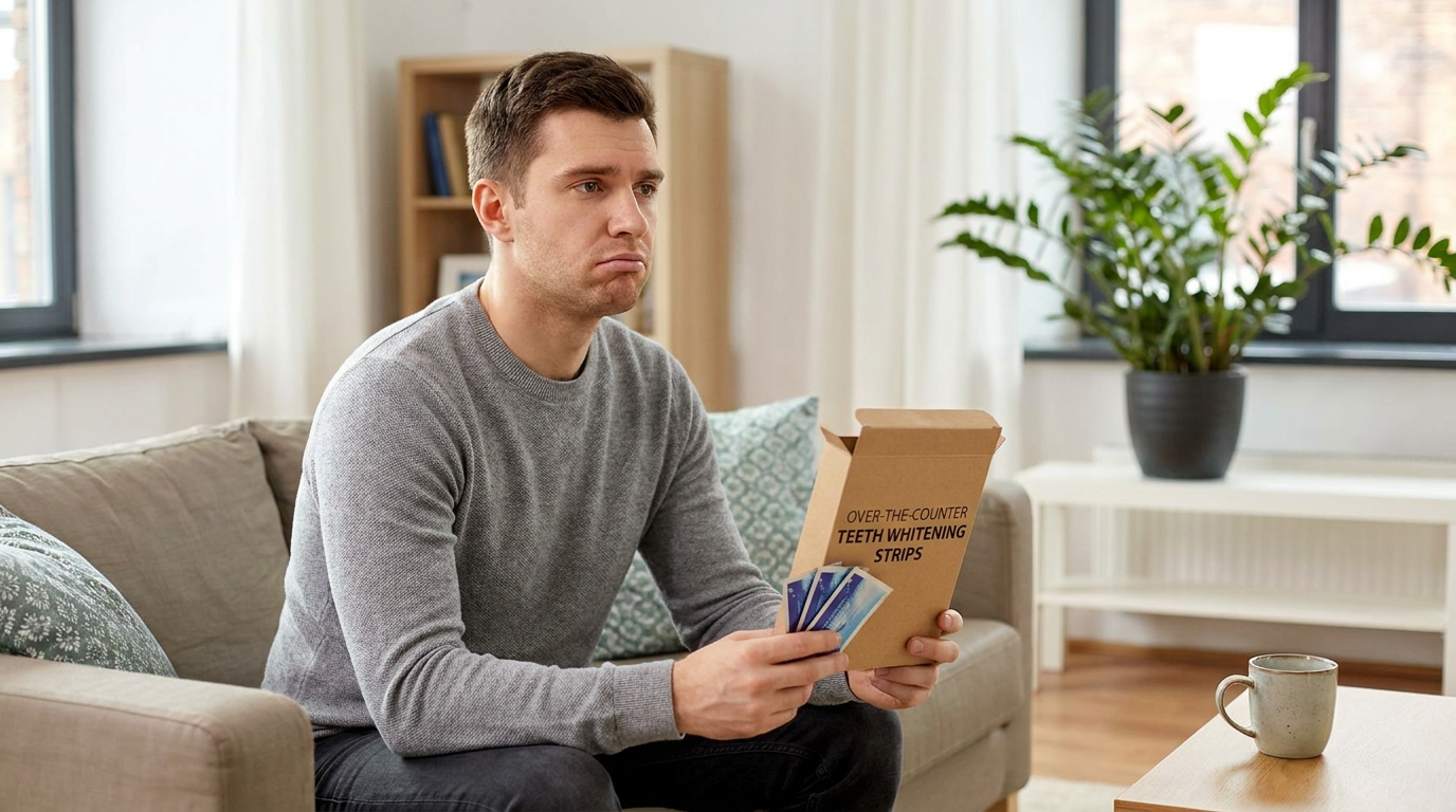 Steven, sits in a modern, comfortable living room, holding a half-used box of over-the-counter teeth whitening strips with…