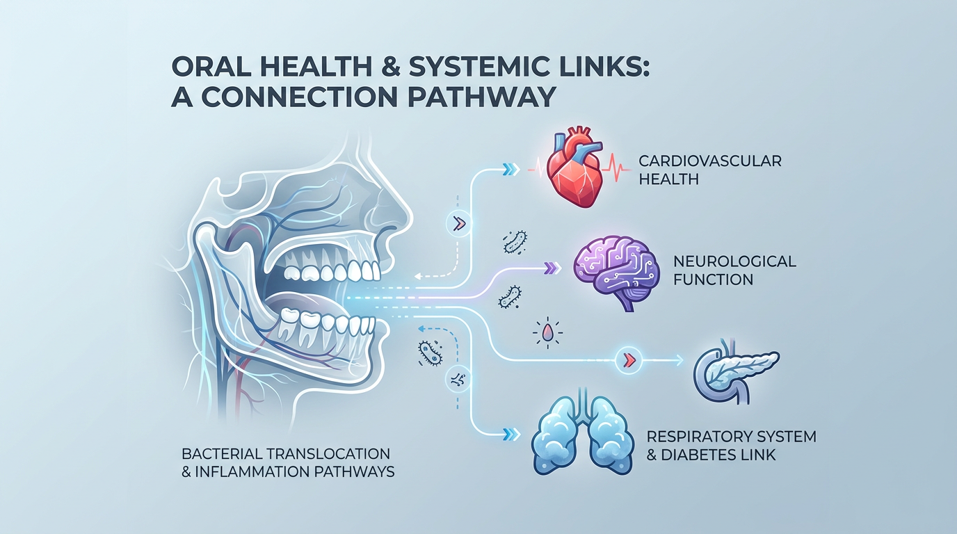 A detailed infographic illustrating the connection points between oral health and systemic conditions, using subtle lines connecting a diagram of a mouth to