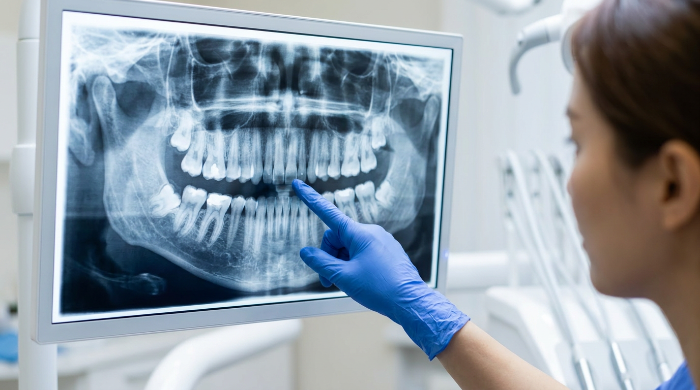 A focused shot of a digital dental X-ray screen displaying a clear image of teeth and jawbone, with a dental professional's hand (wearing a blue glove)