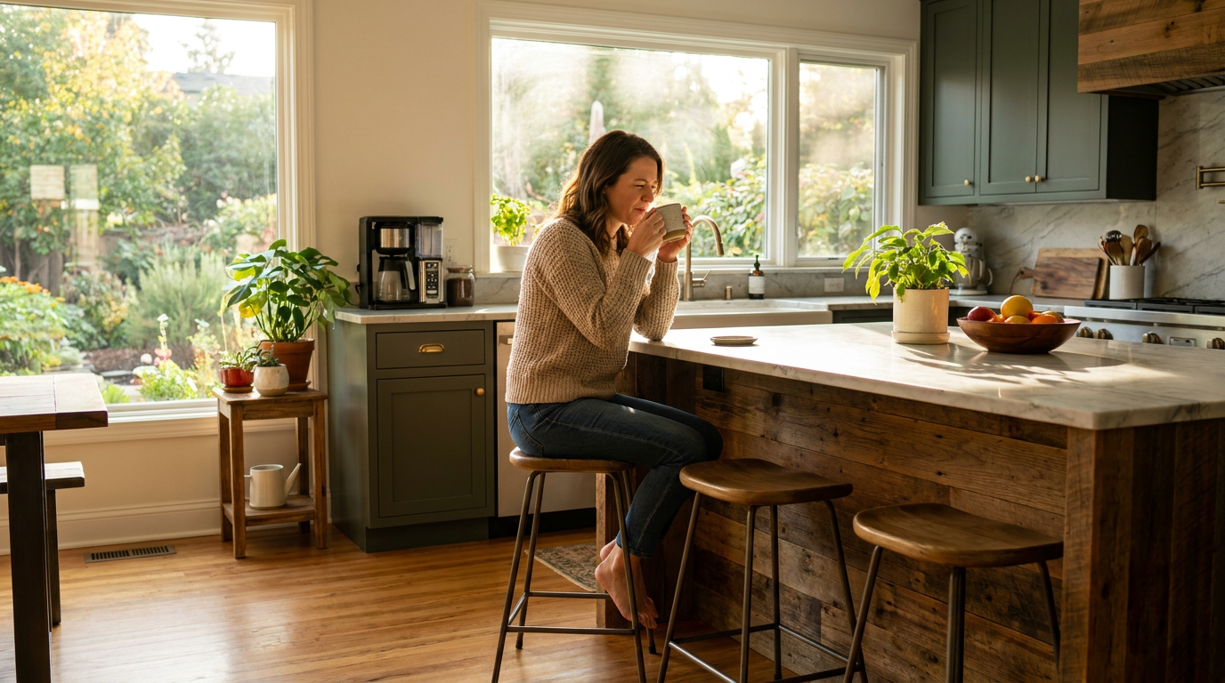 Kayla, sipping coffee at a warm, sunlit kitchen island, looking thoughtfully out the window with a slight wince, as if experiencing tooth sensitivity.