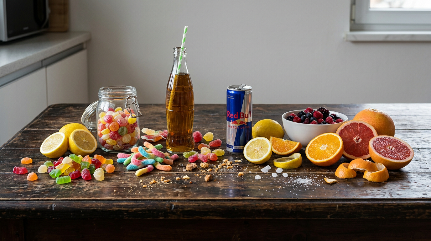A collage of various common foods, including candy, sugary drinks, and acidic fruits, artfully arranged on a dark, rustic wooden table, representing items that