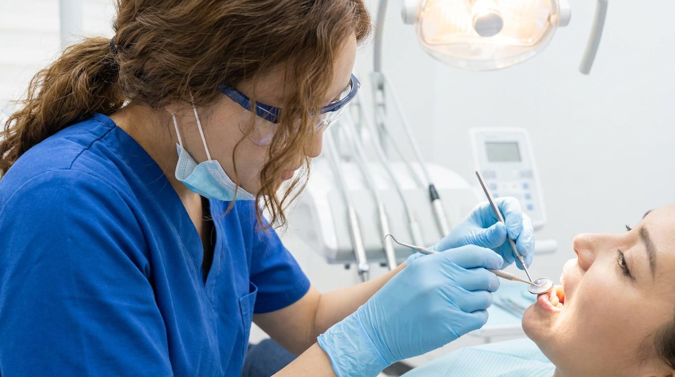 A close-up, sterile shot of a dental hygienist's gloved hands holding a dental mirror and a scaler, meticulously cleaning plaque from a patient's front teeth.