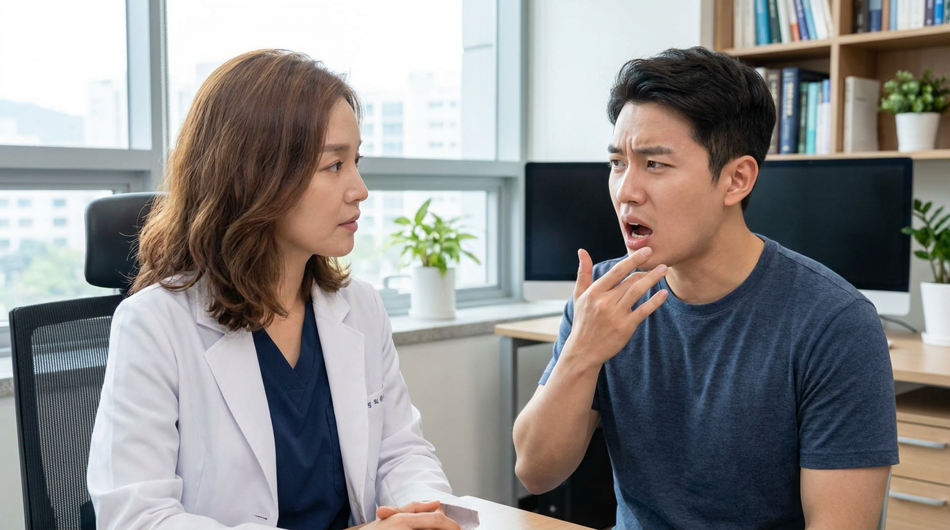 Owen, with a concerned expression, gestures to his mouth while speaking with Dr.