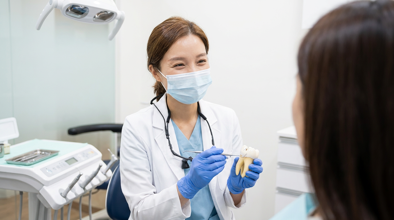 Dr. Diana Lee, wearing a clean white lab coat over a light blue scrub top, gently demonstrating a model of a dental crown to a concerned patient (out of frame), her expression reassuring and professional, in a modern dental operatory.