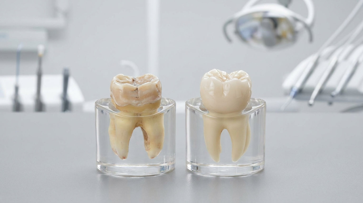 A conceptual image showing two molars side-by-side: one heavily worn down with flat surfaces, and the adjacent molar restored with a perfectly shaped and proportioned dental crown.