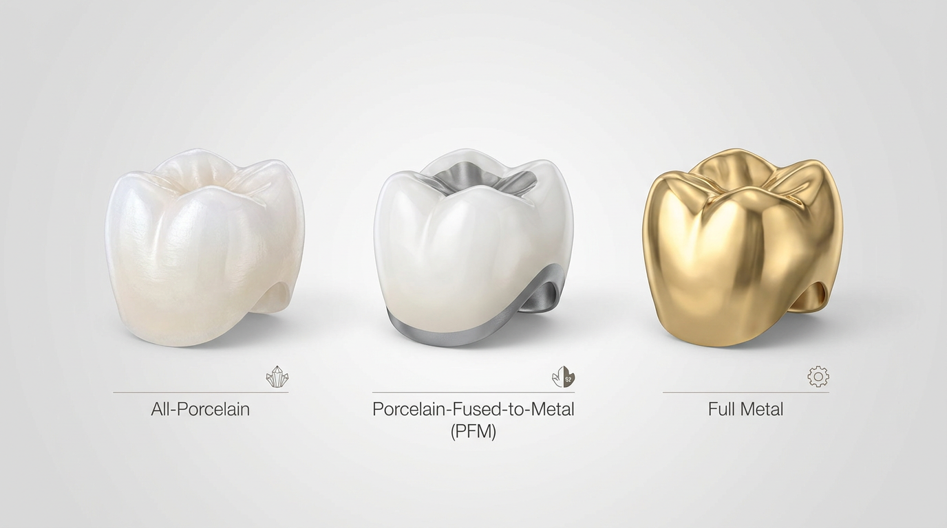 A comparison graphic showing three distinct dental crowns side-by-side on a light grey background: one all-porcelain (white), one porcelain-fused-to-metal (white with metal base visible), and one full metal (gold-colored).