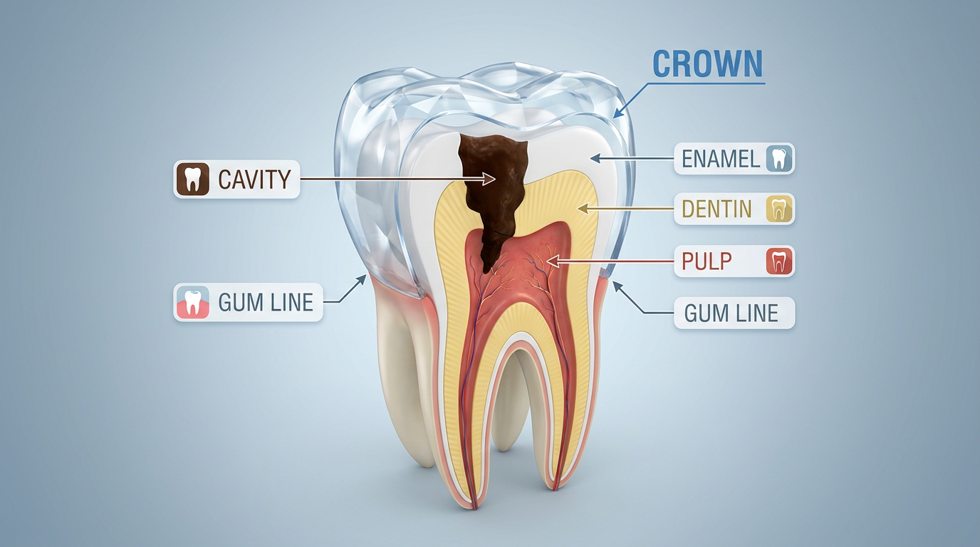 A highly detailed cross-section diagram of a molar tooth showing a large cavity extending deep into the dentin, with a translucent, protective dental crown seamlessly placed over the entire tooth structure.