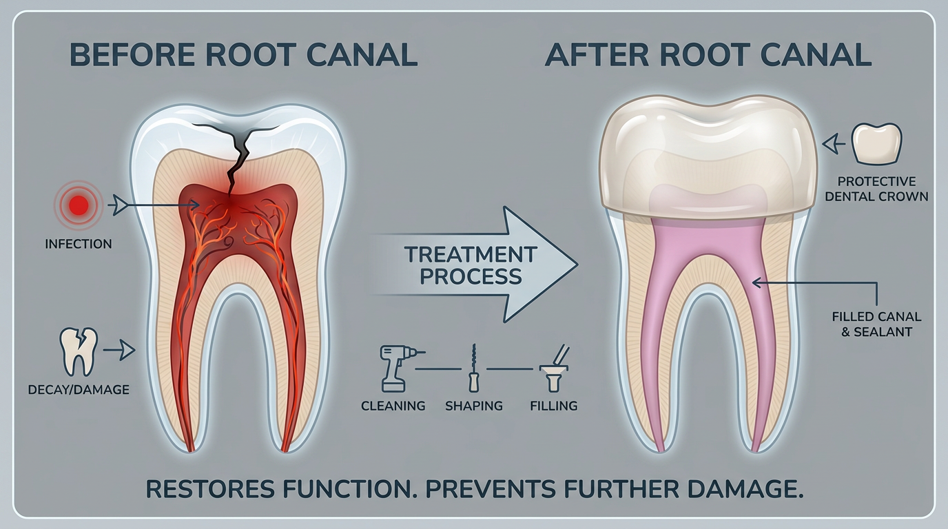 A schematic diagram illustrating a tooth before and after a root canal, with the "after" tooth showing the filled root canal and a meticulously placed dental crown covering the treated tooth.