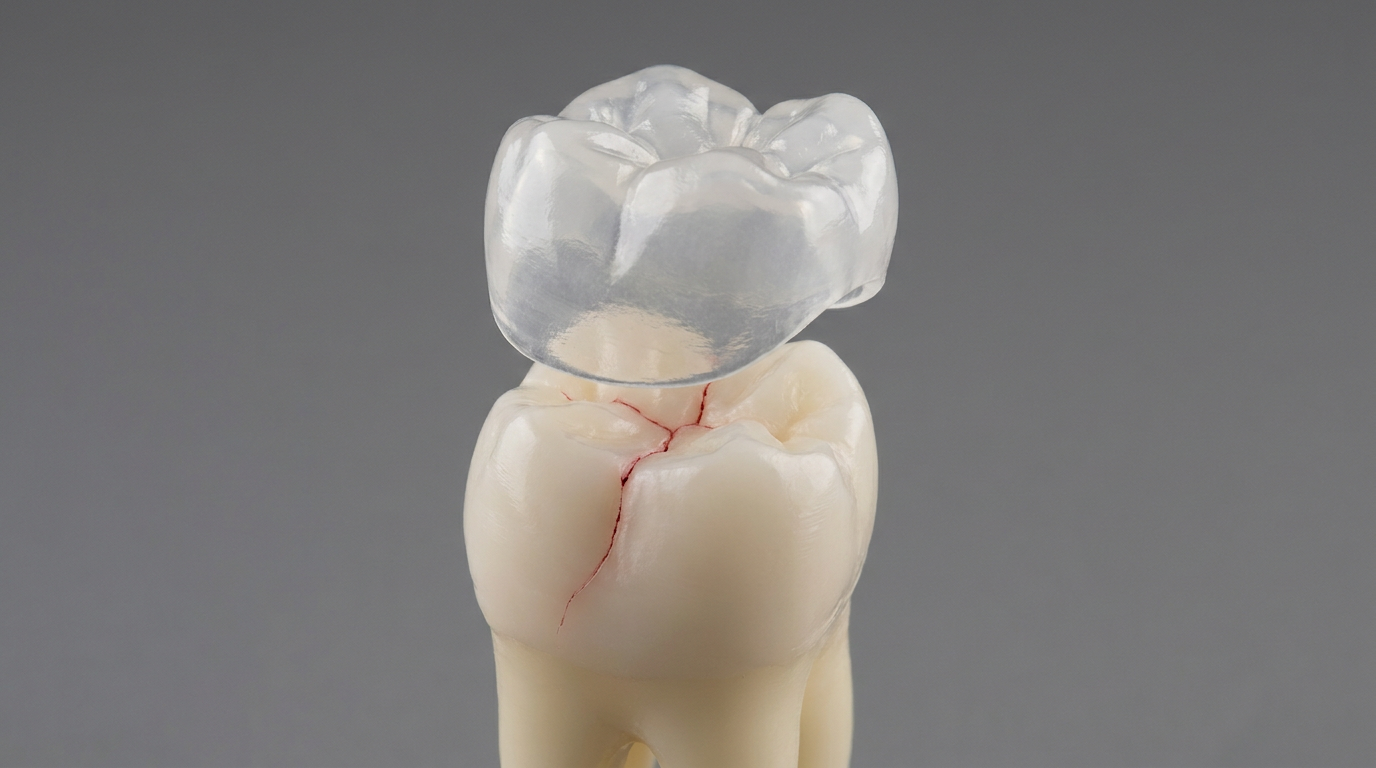 A close-up view of a cracked molar tooth, with a faint red line indicating the crack, and a transparent overlay of a dental crown showing how it would encompass and stabilize the fractured tooth.