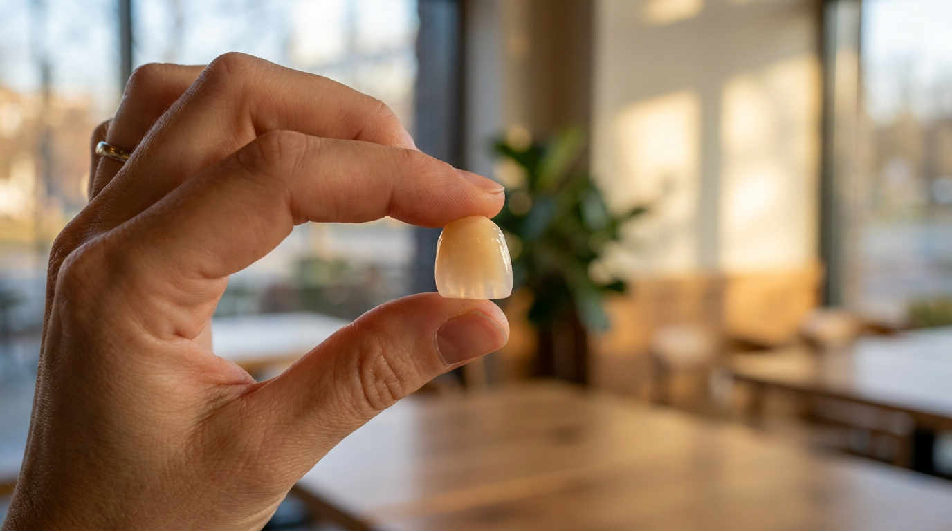 A person's hand holding a single, highly aesthetic porcelain dental crown up to natural light, showcasing its translucent quality and natural shade against a soft, blurred background.