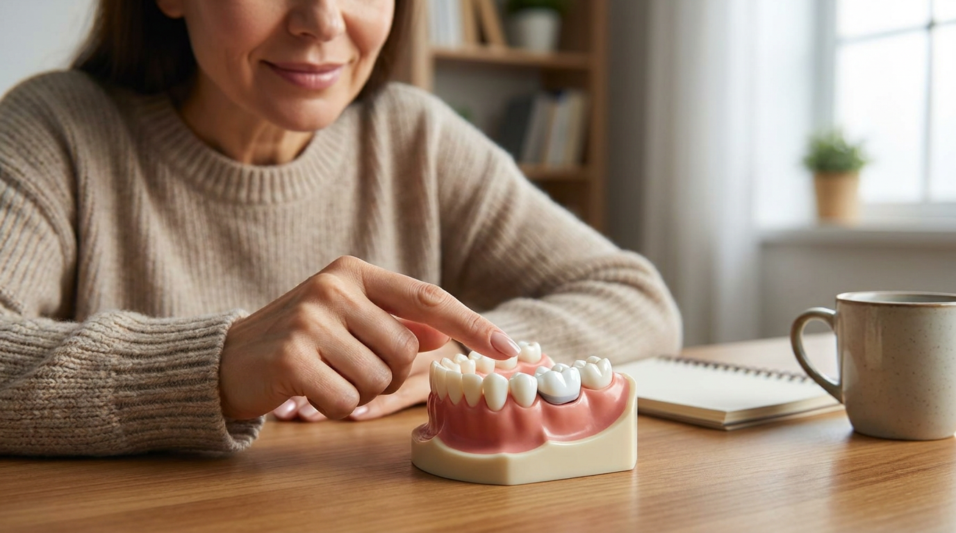 A dental crown, made of bright white ceramic, sits perfectly fitted onto a model of a natural tooth, illustrating its protective function.