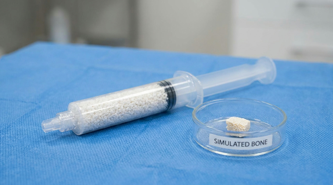 A clear syringe filled with white granular material lies on a blue surgical drape next to a small glass dish containing a piece of simulated bone labeled "SIMULATED BONE.