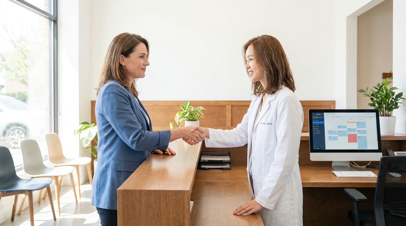 Mia and Dr. Kyung Choi shake hands over a wooden reception desk in a bright dental office, with Mia wearing a blue blazer and Dr. Choi wearing a white lab coat, a computer monitor and plants visible on the desk.