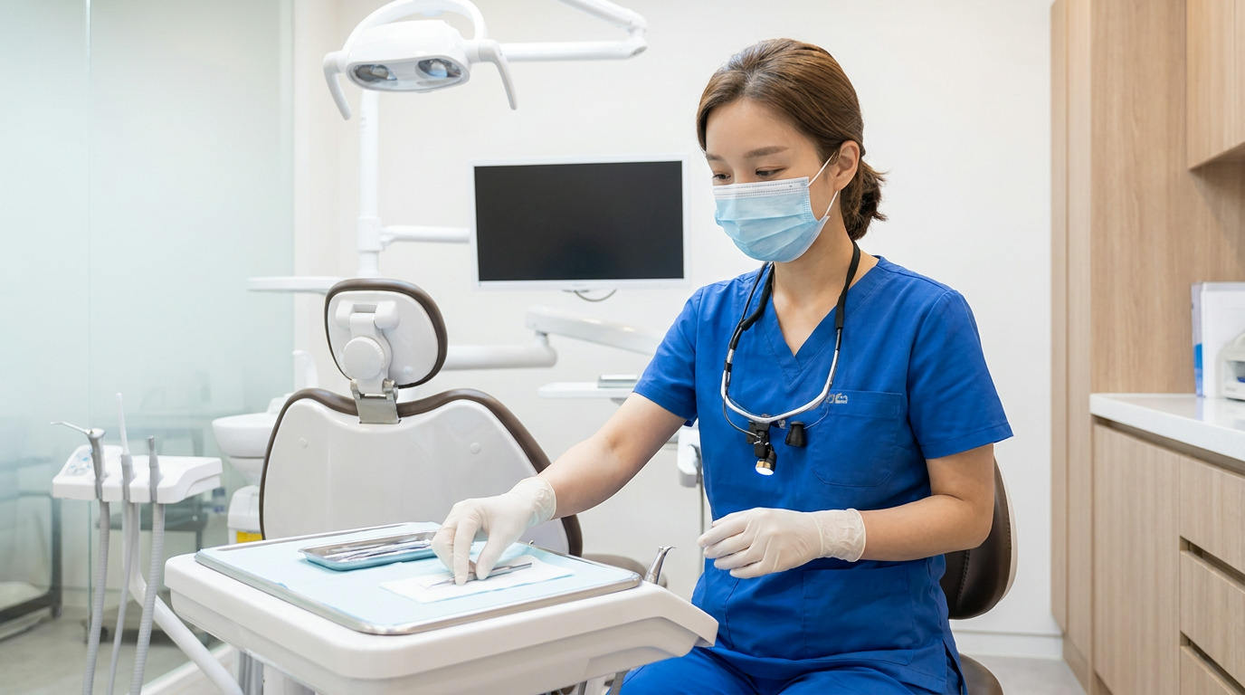 Dr. Kyung Choi, wearing blue scrubs, a surgical mask, white gloves, and loupes, sits on a stool placing instruments onto a sterile tray in a modern dental operatory with a dental chair and equipment.