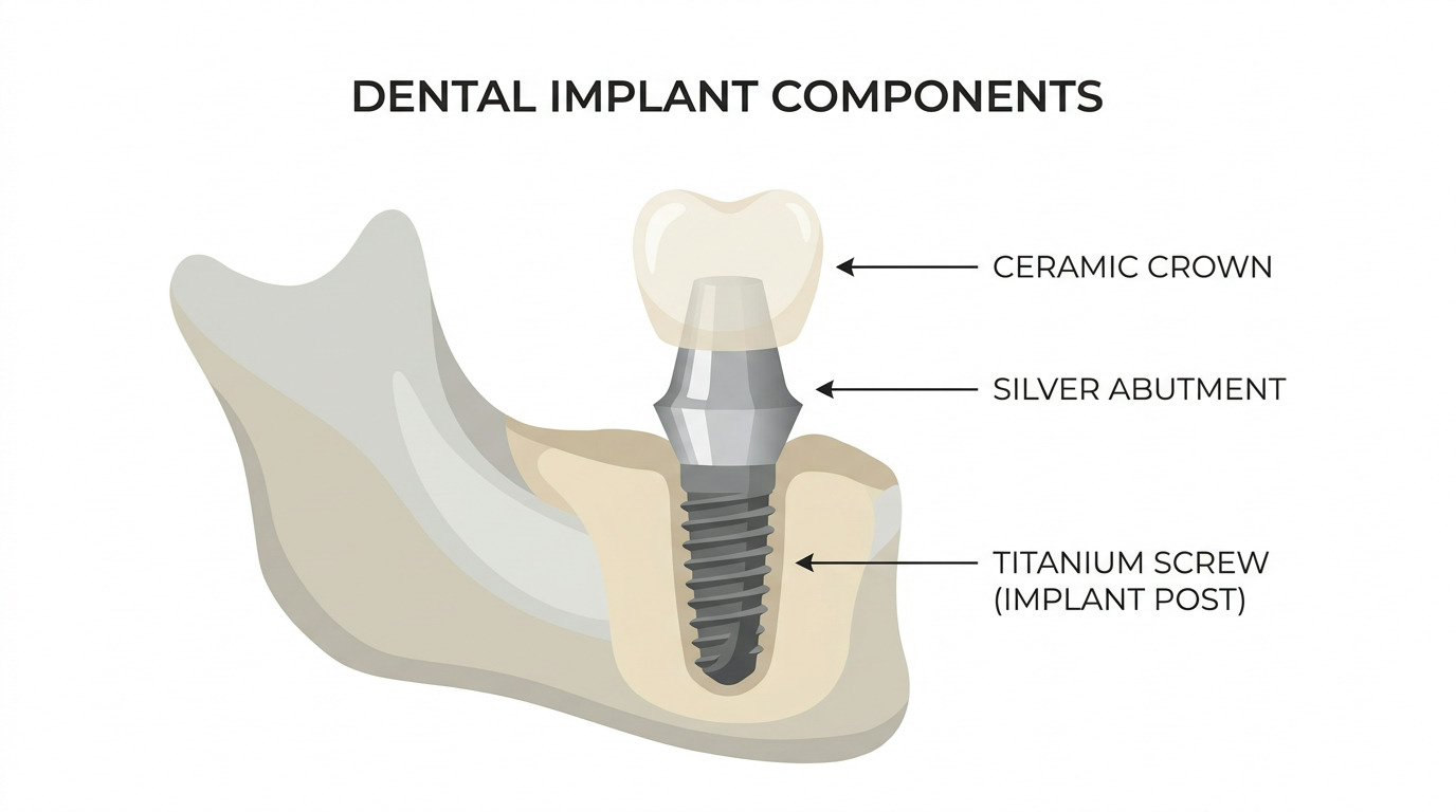 A diagram illustrates dental implant components, showing a titanium screw in a jawbone cross-section, a silver abutment, and a ceramic crown, with labels for each part.