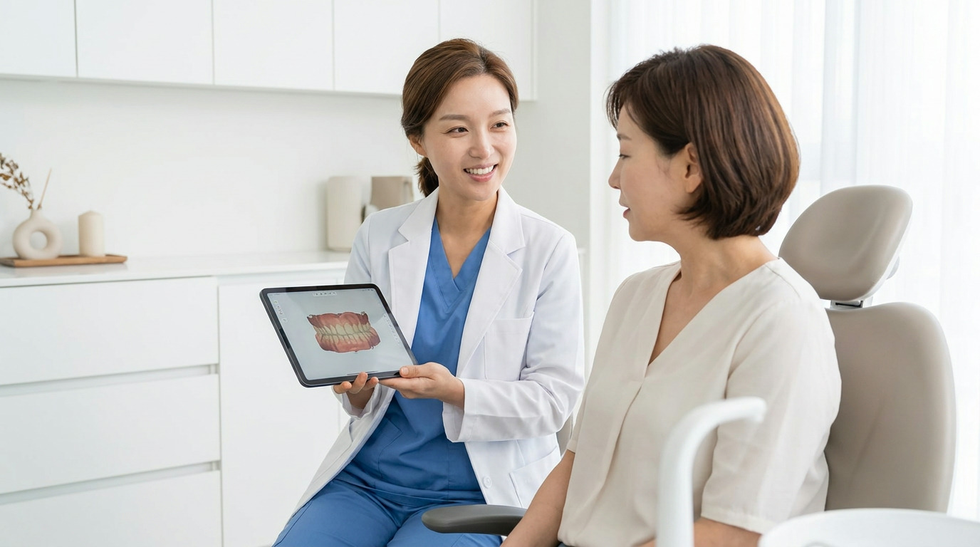Dr. Kyung Choi, wearing blue scrubs and a white lab coat, smiles while showing a tablet displaying a 3D dental model to Mia, who is seated in a dental chair in a bright consultation room.