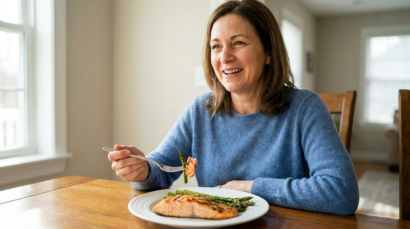 Mia sits at a wooden table, smiling, holding a fork with salmon and asparagus, with a plate of grilled salmon and asparagus in front of her, near a sunlit window.