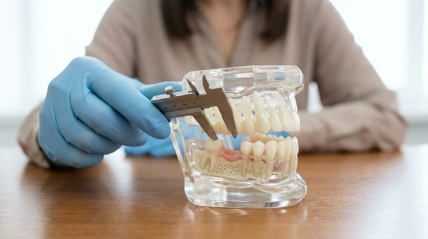 A gloved hand uses a measuring caliper on a transparent dental model of a jaw on a wooden table.