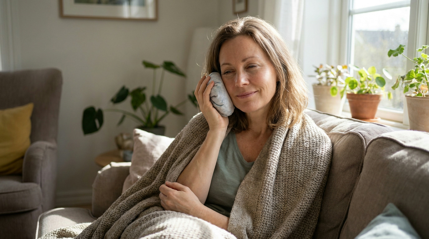 Mia sits on a light brown sofa, wrapped in a knitted blanket, gently holding a small grey ice pack to her right cheek, with a serene expression in a sunlit living room.