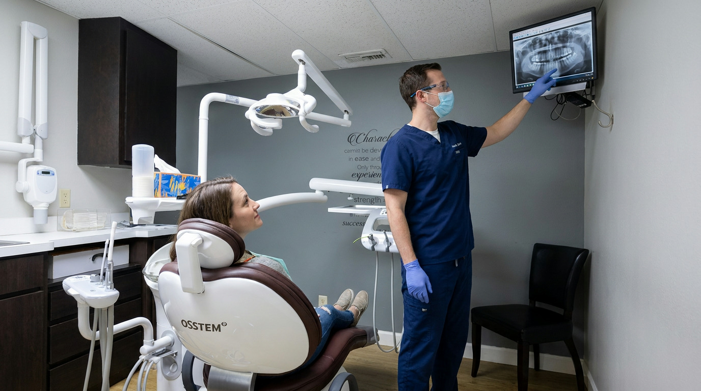 A dental professional in scrubs and mask points to a dental X-ray on a wall-mounted monitor while a patient sits in a dental chair.