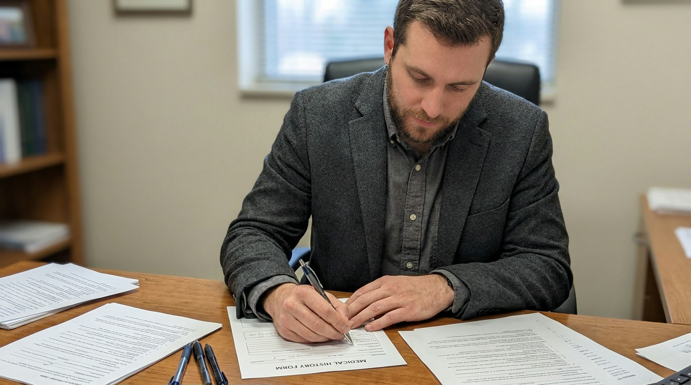 Brian sits at an office desk, wearing a charcoal blazer and gray shirt, writing on a medical history form with a pen. Several papers and pens are on the wooden desk, with a bookshelf and window in the background.