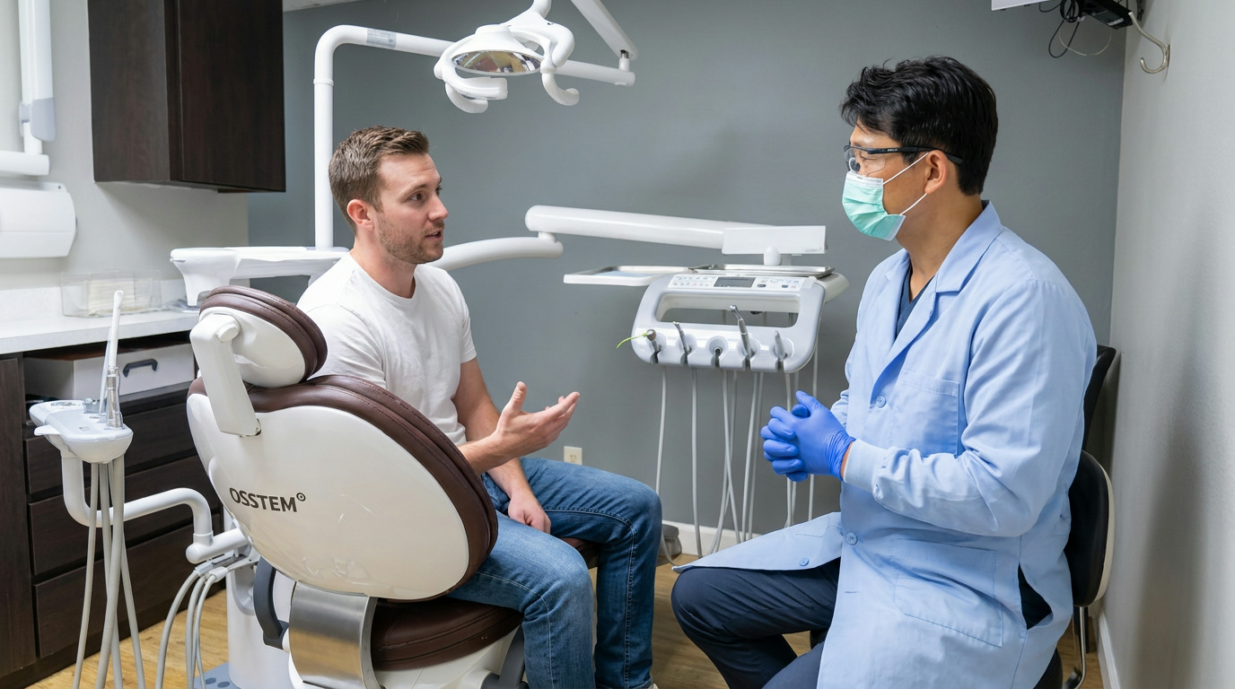 A patient in a white t-shirt and jeans sits in a dental chair, gesturing while talking to Dr. Kyung Choi, who wears a light blue lab coat, safety glasses, and a face mask, sitting opposite him.