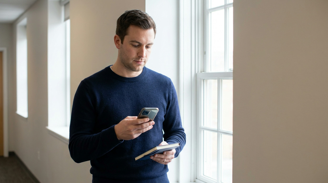 Brian stands in a brightly lit hallway by a window, looking at his phone while holding a small notebook.