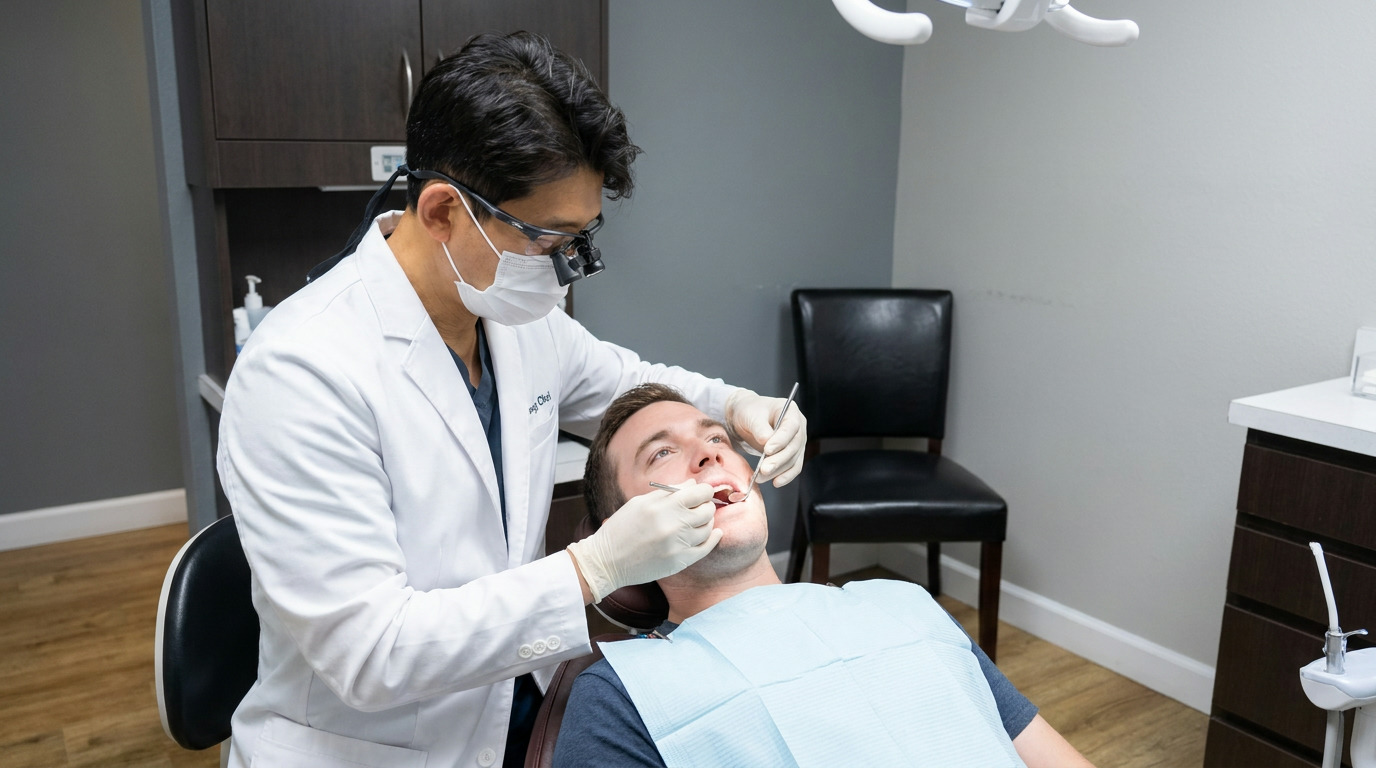 Dr. Kyung Choi, wearing a lab coat, mask, and loupes, examines Brian's teeth with a mirror and probe as Brian lies in a dental chair with a light blue bib in a dental office.