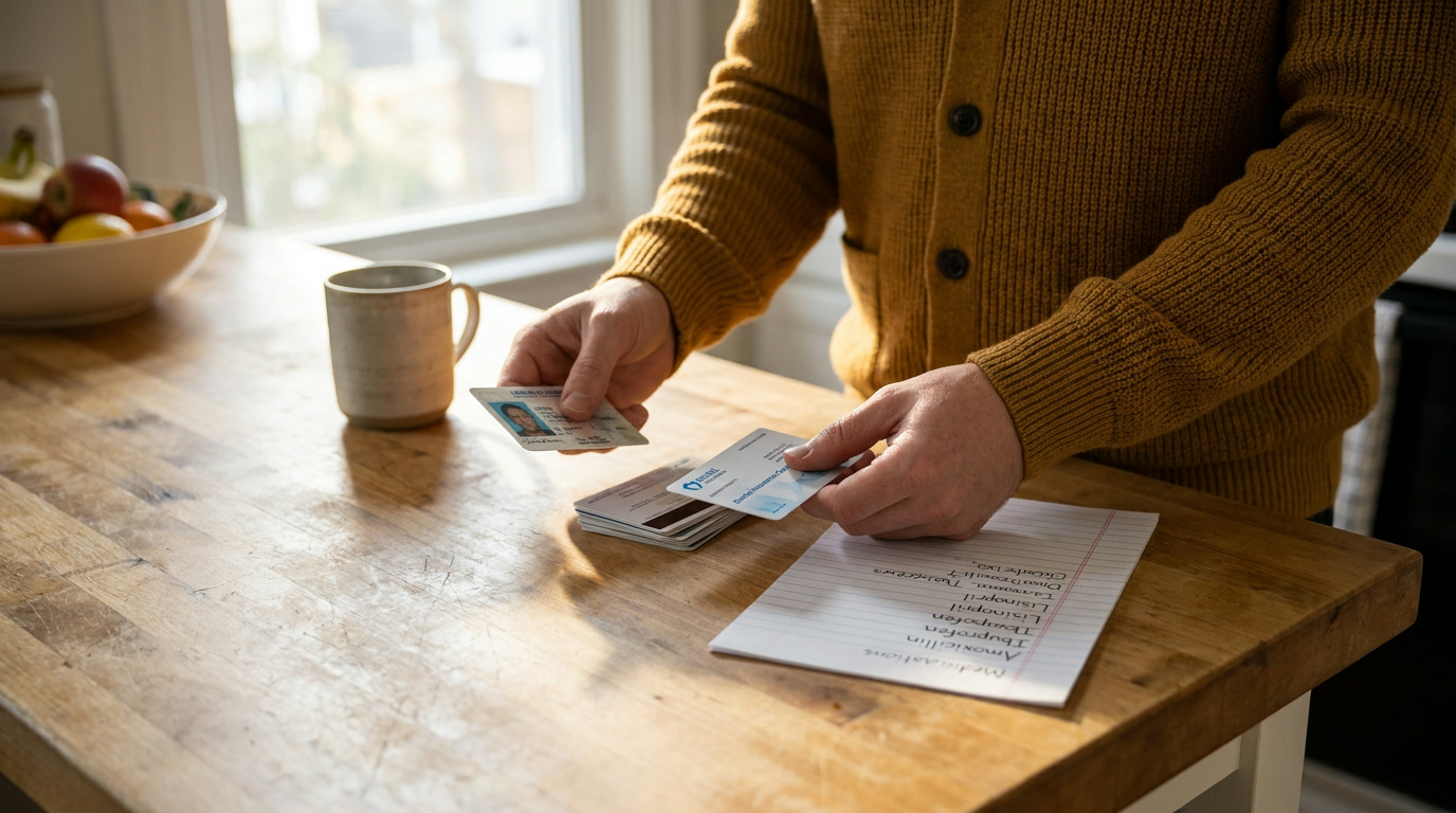 Brian, wearing a mustard cardigan, holds a driver's license and a dental insurance card over a stack of cards on a wooden kitchen island, next to a mug, a fruit bowl, and a paper with a medication list.