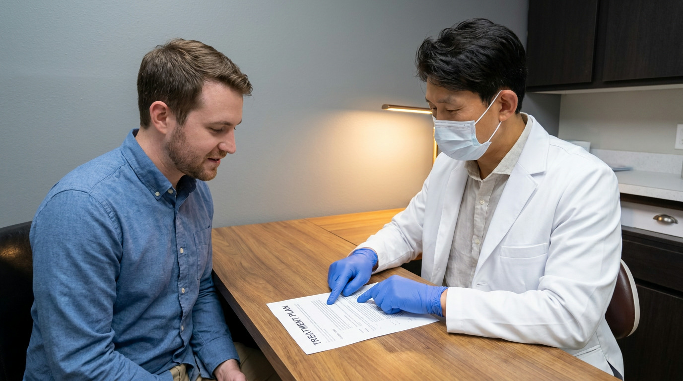 Brian and Dr. Kyung Choi sit at a wooden desk, with Dr. Choi, wearing a white lab coat, mask, and blue gloves, pointing to a "TREATMENT PLAN" document while Brian looks on.