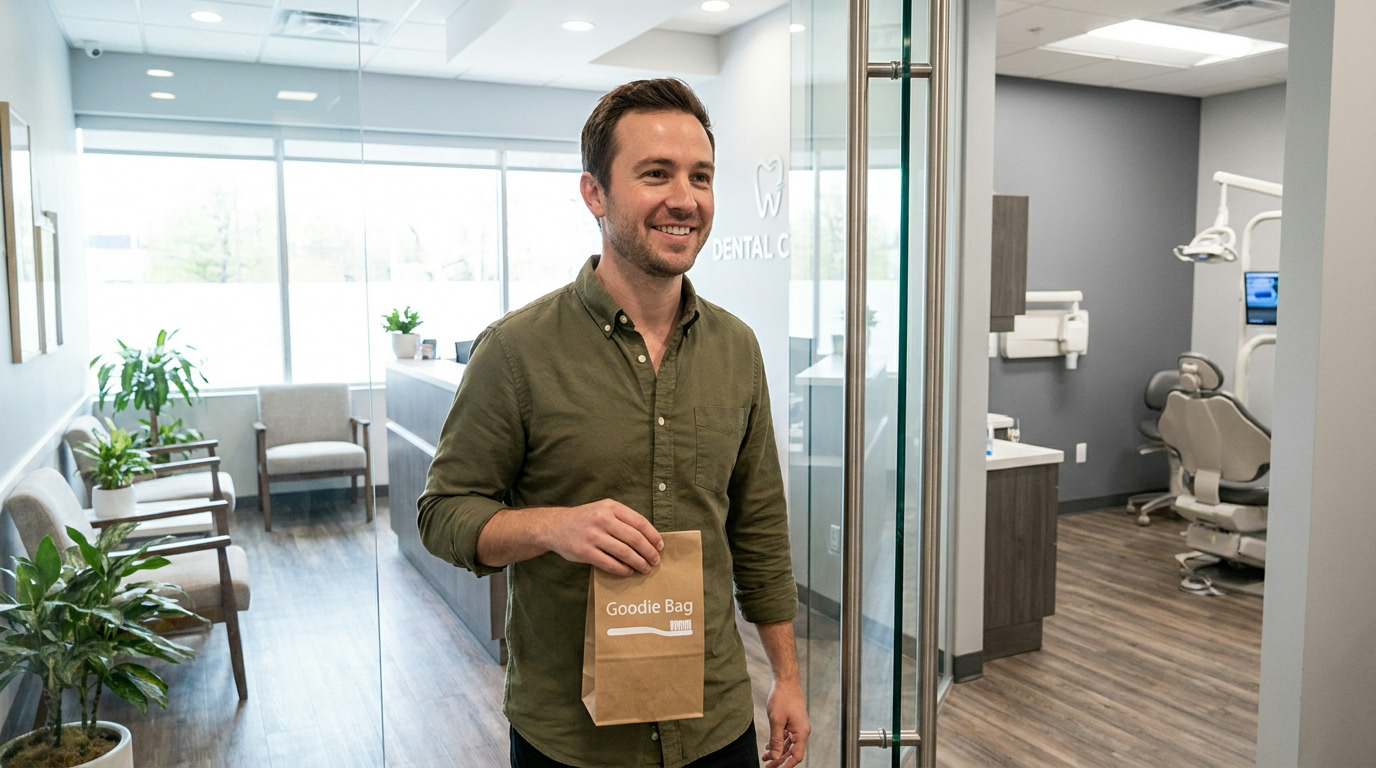 Brian smiles while holding a brown "Goodie Bag" with a toothbrush logo, standing in a modern dental clinic reception area with chairs, plants, and a treatment room visible through a doorway.