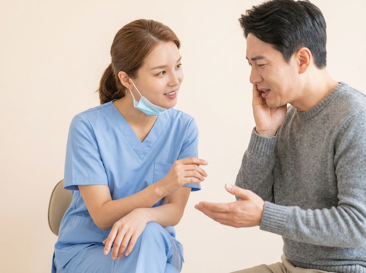 A Chino dentist at Choi and Lee Family Dentistry listens closely as an emergency patient describes dental pain.