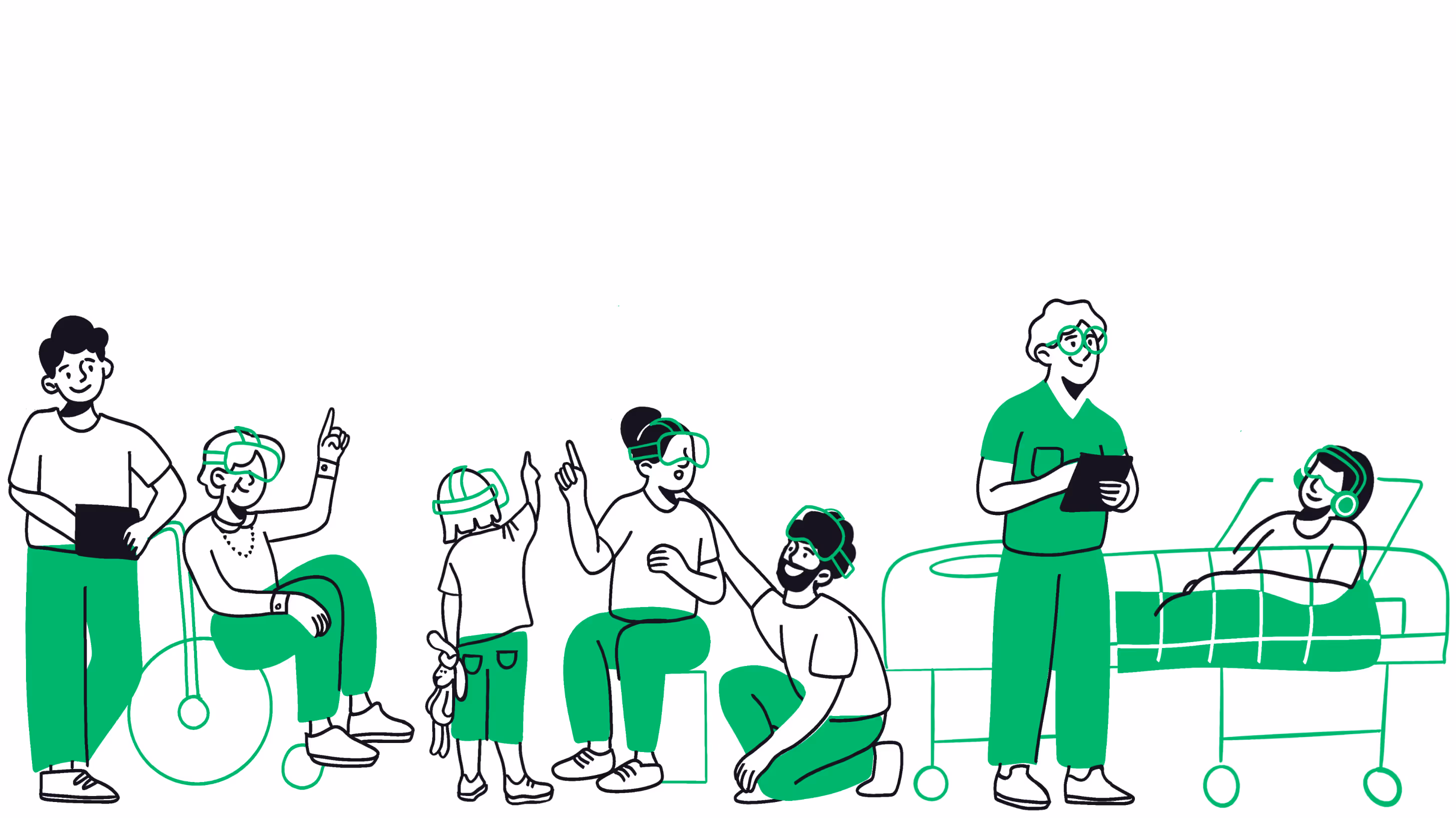 Illustration : équipe soignante, senior en fauteuil, enfant, adultes et patient à l’hôpital vivent une séance de réalité virtuelle thérapeutique Lumeen.
