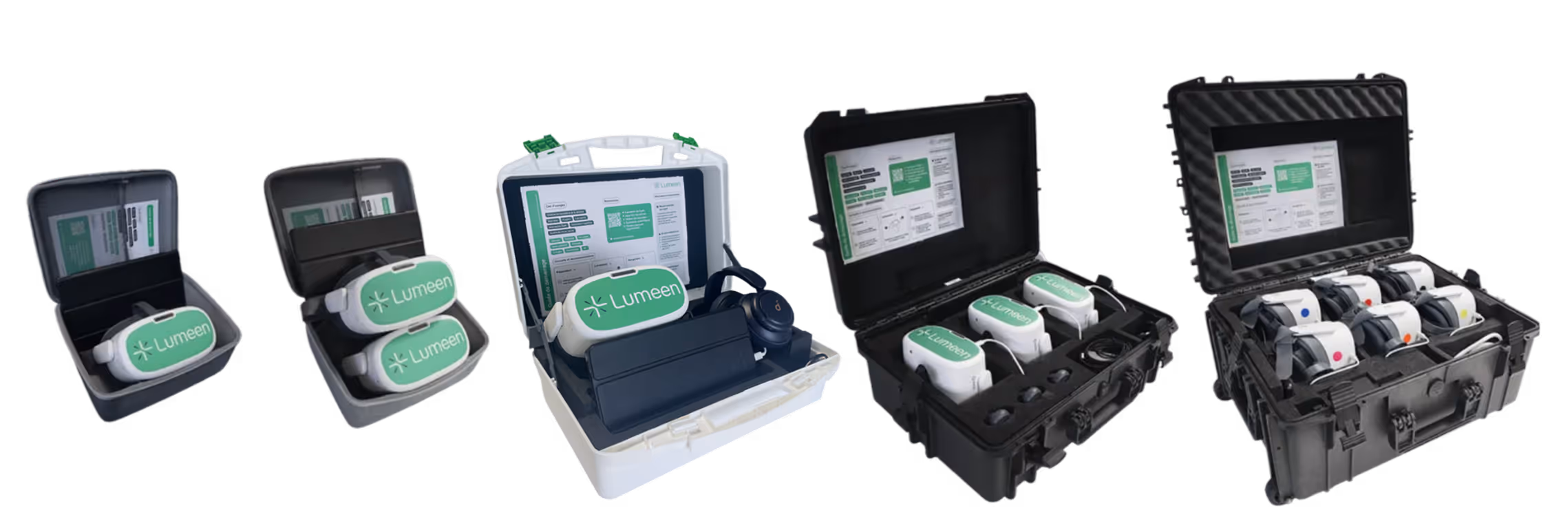 Mallettes Lumeen : kits 1, 2, 3 et 6 casques — solution clé en main adaptées à toutes les structures sanitaires et médico-sociales.