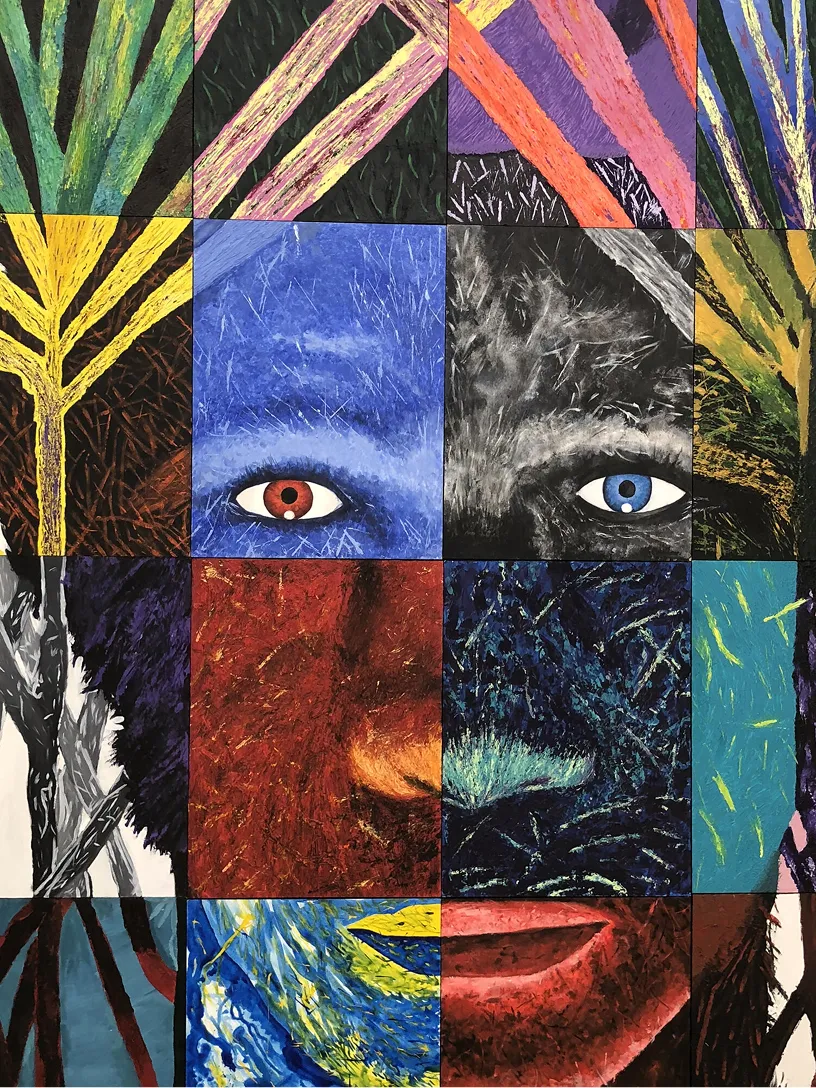 Colorful abstract painting composed of 16 squares featuring stylized eyes, lips, and various textured patterns in vibrant colors.