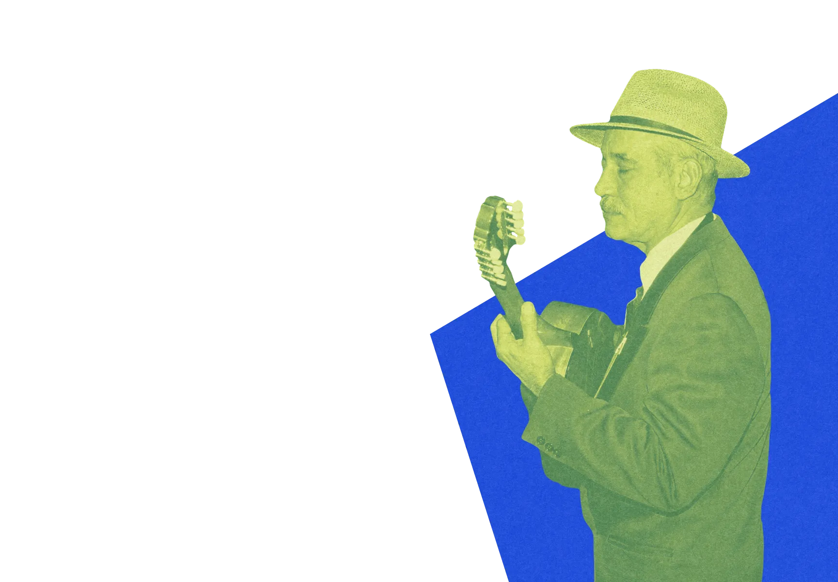Elderly man in a hat playing an acoustic guitar against a blue geometric background.